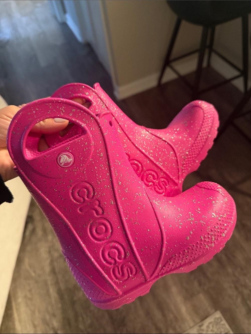 CROCS Kids' Hot Pink Glitter Handle Rain Boots